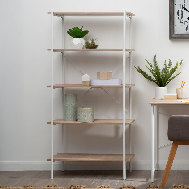 Orsina Bradbury 5-Tier Natural Oak Shelf Unit – Industrial Bookshelf