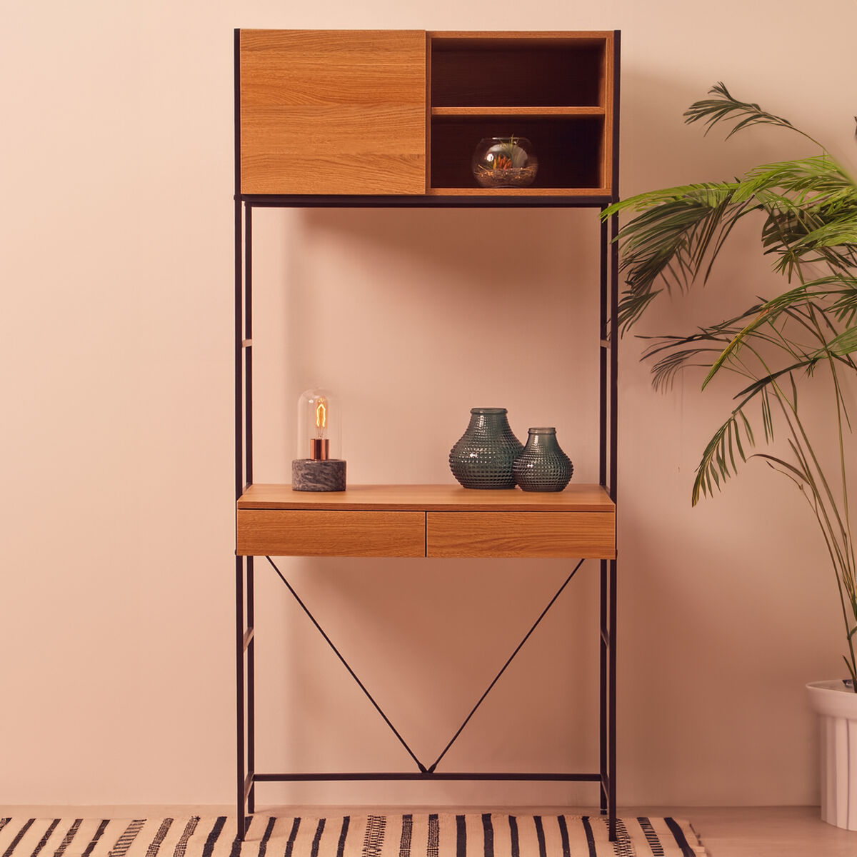 Orsina Bradbury Natural Oak Effect Desk with Storage and Metal Frame