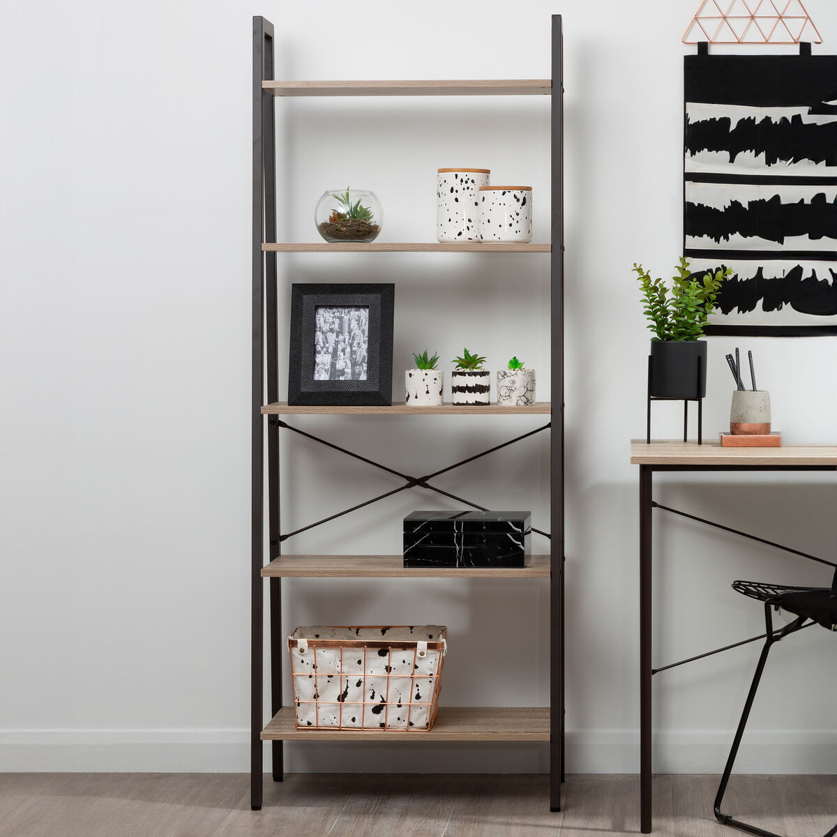 Orsina Bradbury 5-Tier Grey Oak Veneer Ladder Shelf Display Unit