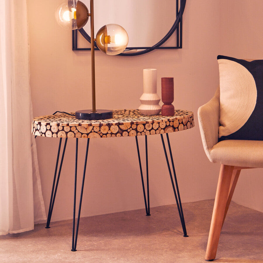 Orsina Lacuna Oval Fir Wood Coffee Table with Black Hairpin Legs