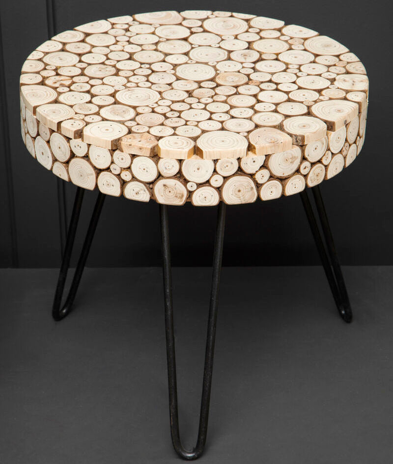 Orsina Lacuna Round Fir Wood Coffee Table with Black Hairpin Legs