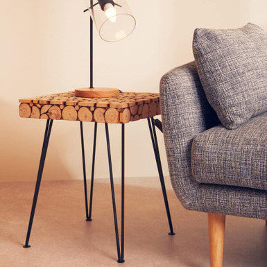 Orsina Lacuna Square Side Table – Fir Wood Disc Top with Hairpin Legs