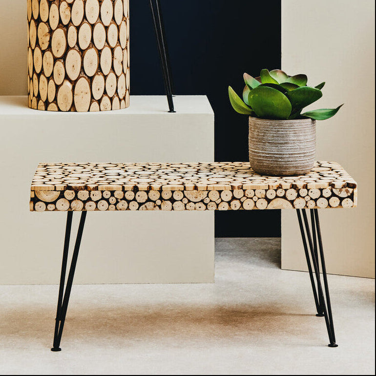 Orsina Lacuna Wood Disc Coffee Table | Distressed Fir & Hairpin Legs