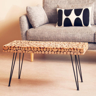 Orsina Lacuna Wood Disc Coffee Table | Distressed Fir & Hairpin Legs