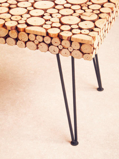 Orsina Lacuna Wood Disc Coffee Table | Distressed Fir & Hairpin Legs