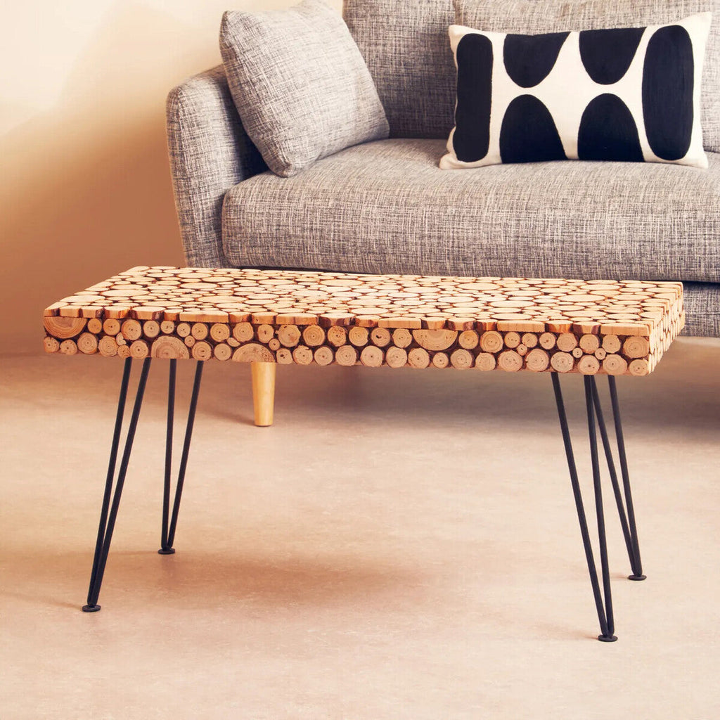 Orsina Lacuna Wood Disc Coffee Table | Distressed Fir & Hairpin Legs