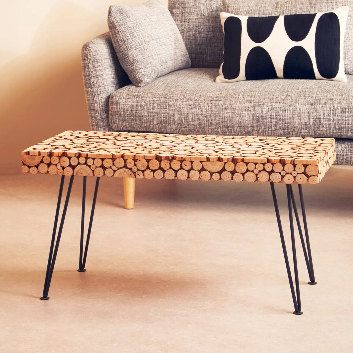 Orsina Lacuna Wood Disc Coffee Table | Distressed Fir & Hairpin Legs