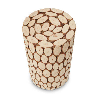 Orsina Lacuna Fir Wood Mosaic Side Table and Sculptural Stool