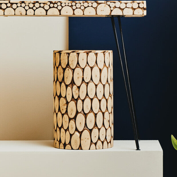 Orsina Lacuna Fir Wood Mosaic Side Table and Sculptural Stool