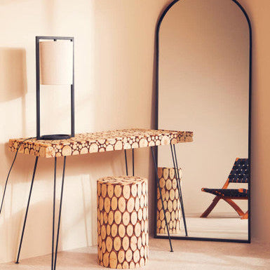 Orsina Lacuna Fir Wood Mosaic Side Table and Sculptural Stool