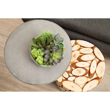 Orsina Lacuna Fir Wood Mosaic Side Table and Sculptural Stool