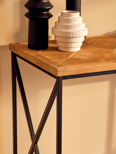 Orsina Kickford Parquet Fir Wood Console Table with Black Metal Legs