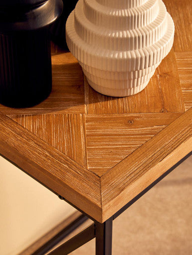 Orsina Kickford Parquet Fir Wood Console Table with Black Metal Legs