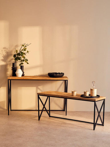 Orsina Kickford Parquet Fir Wood Console Table with Black Metal Legs