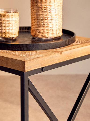 Orsina Kickford Parquet Fir Wood Coffee Table with Black X-Base