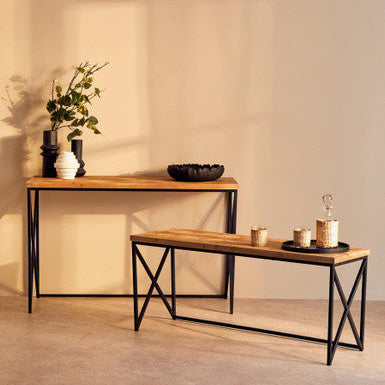 Orsina Kickford Parquet Fir Wood Coffee Table with Black X-Base