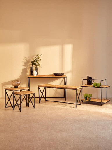 Orsina Kickford Parquet Fir Wood Coffee Table with Black X-Base
