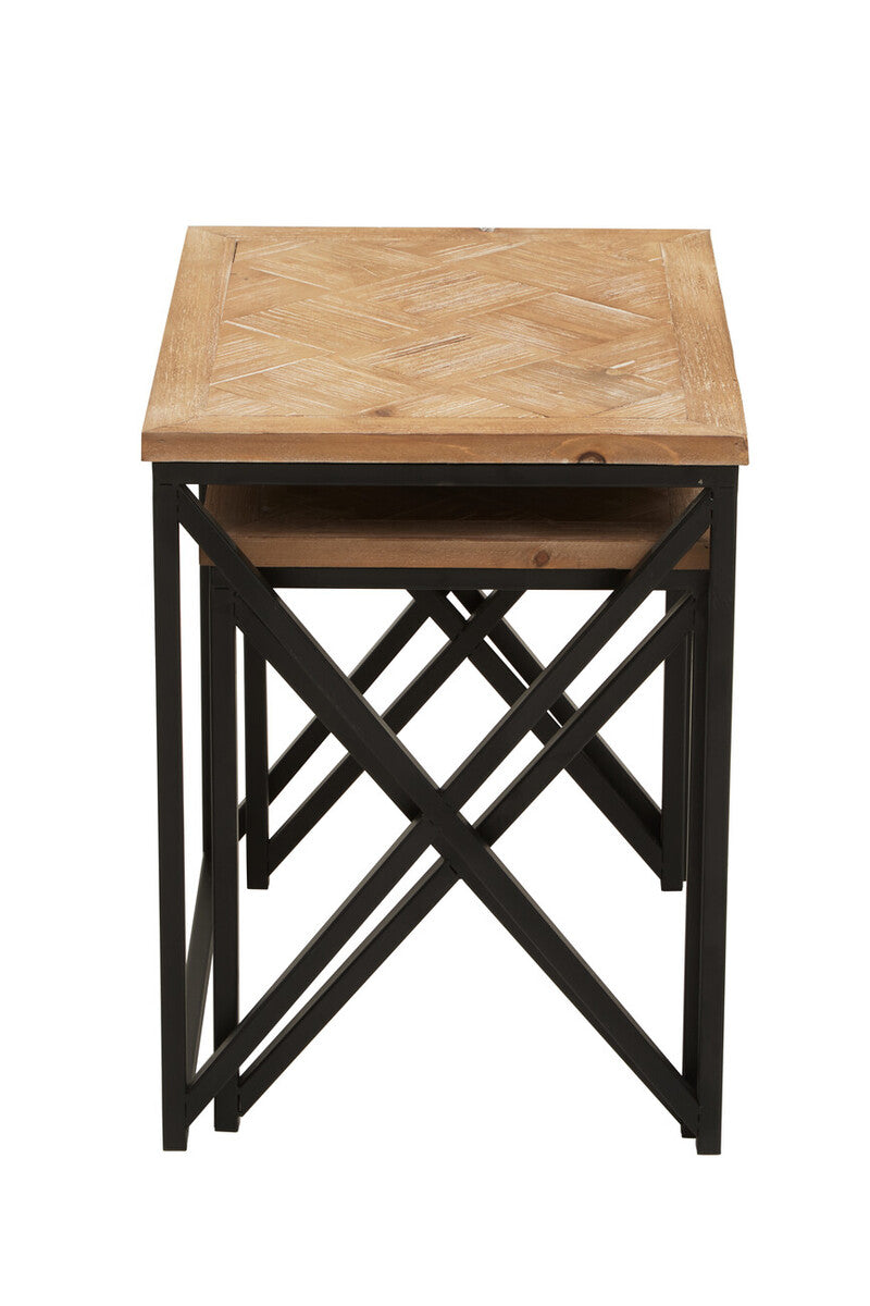 Orsina Kickford Parquet Fir Wood Nesting Tables - Set of 2 Black Metal