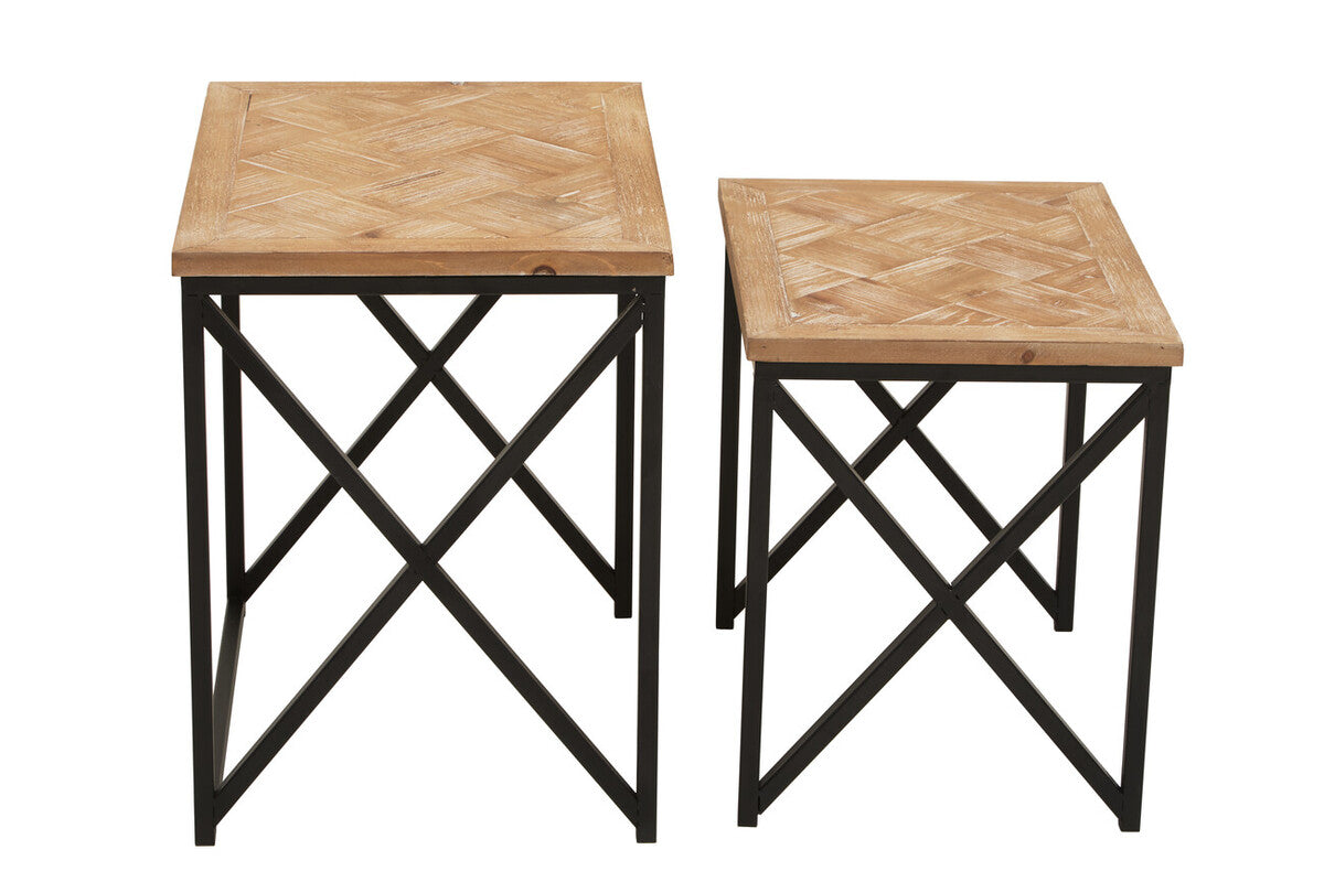 Orsina Kickford Parquet Fir Wood Nesting Tables - Set of 2 Black Metal