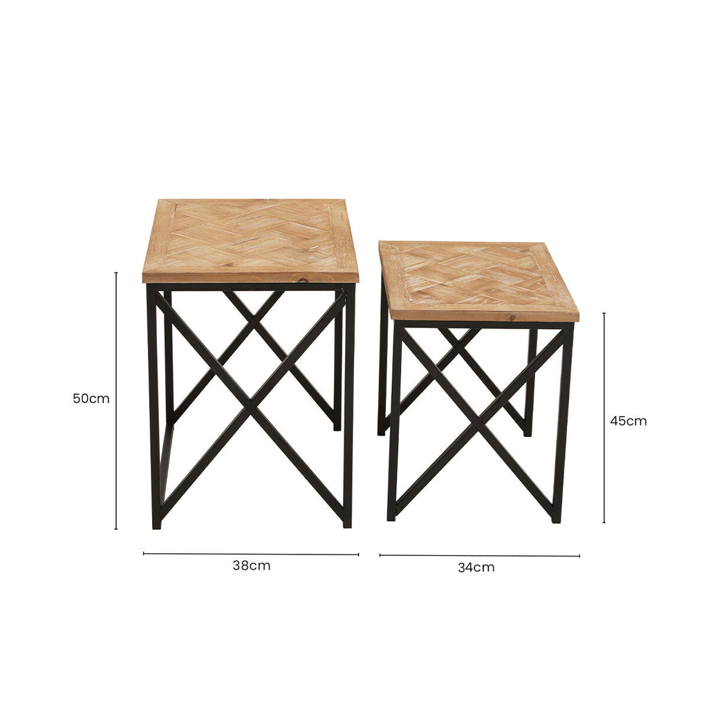 Orsina Kickford Parquet Fir Wood Nesting Tables - Set of 2 Black Metal