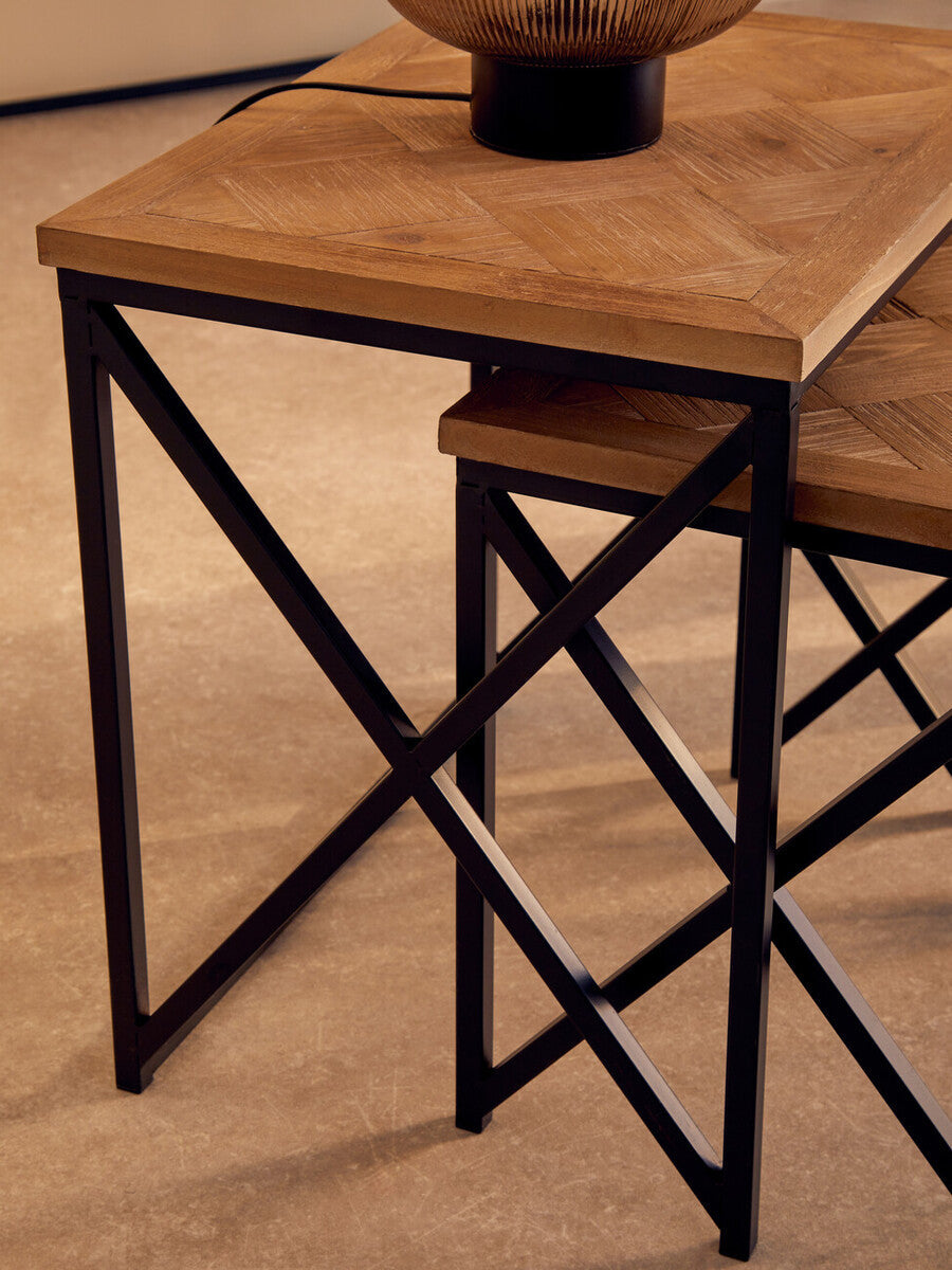 Orsina Kickford Parquet Fir Wood Nesting Tables - Set of 2 Black Metal