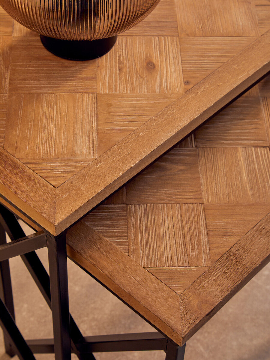 Orsina Kickford Parquet Fir Wood Nesting Tables - Set of 2 Black Metal