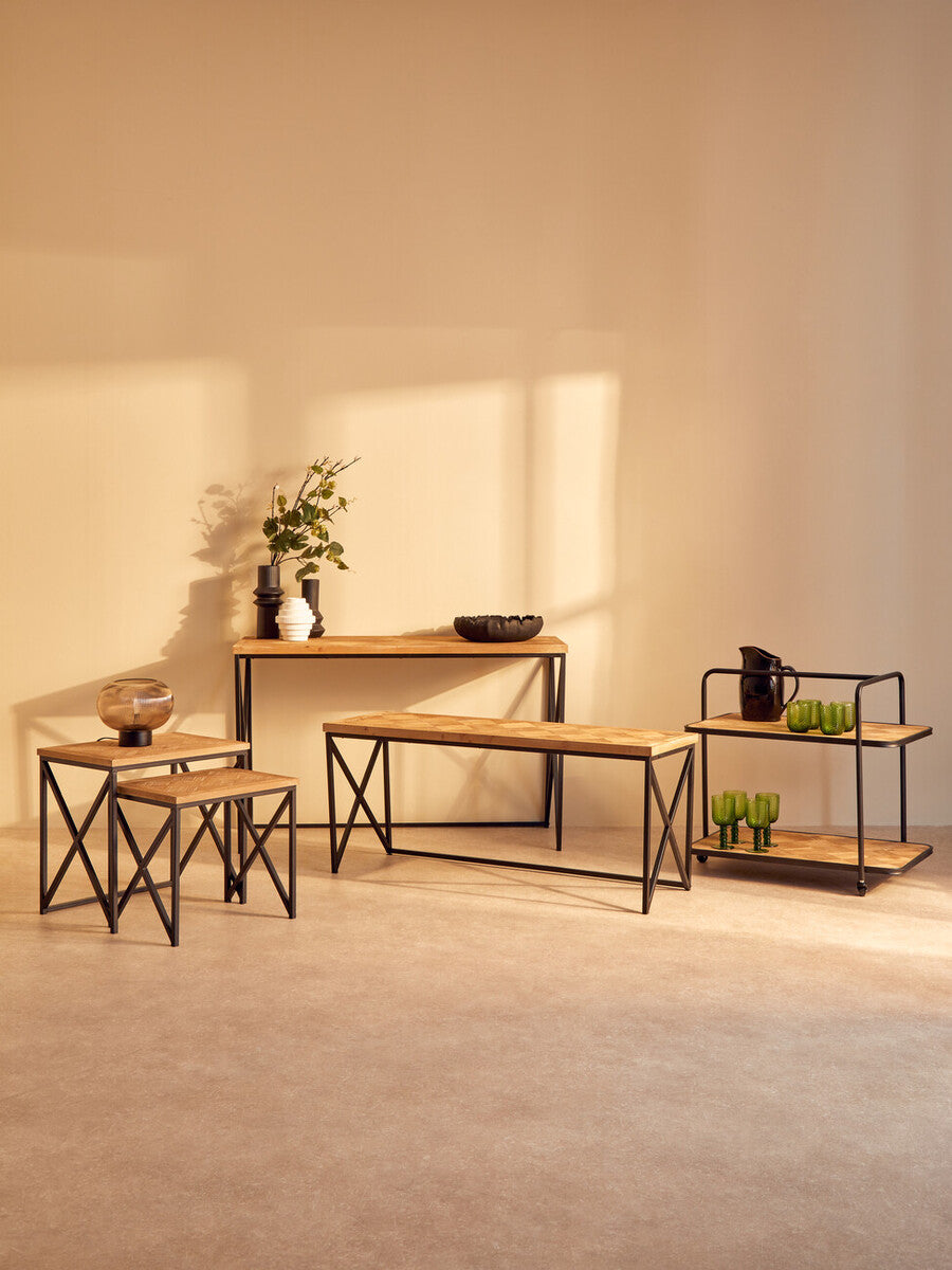 Orsina Kickford Parquet Fir Wood Nesting Tables - Set of 2 Black Metal