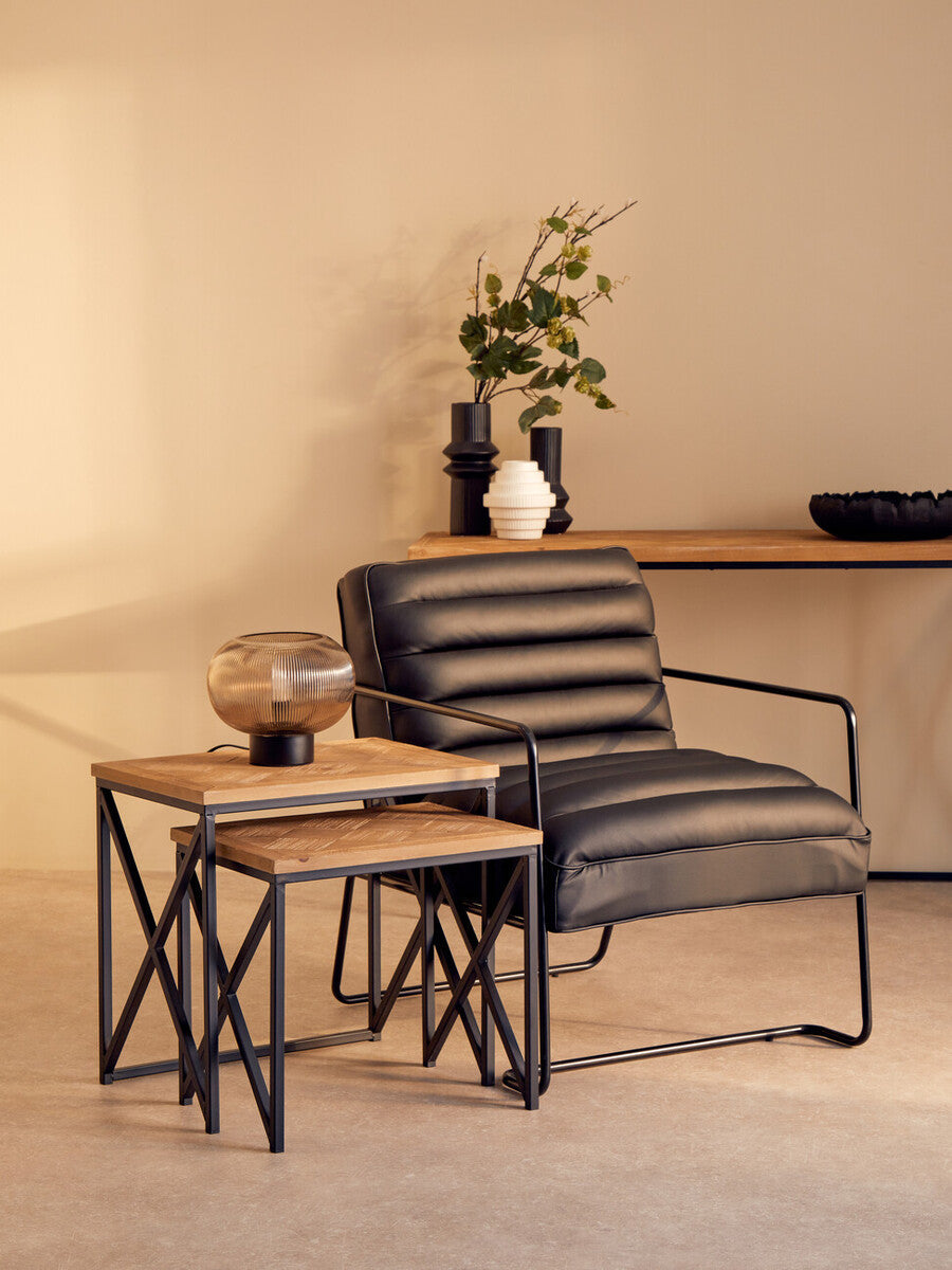 Orsina Kickford Parquet Fir Wood Nesting Tables - Set of 2 Black Metal