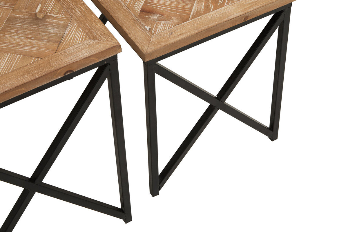Orsina Kickford Parquet Fir Wood Nesting Tables - Set of 2 Black Metal