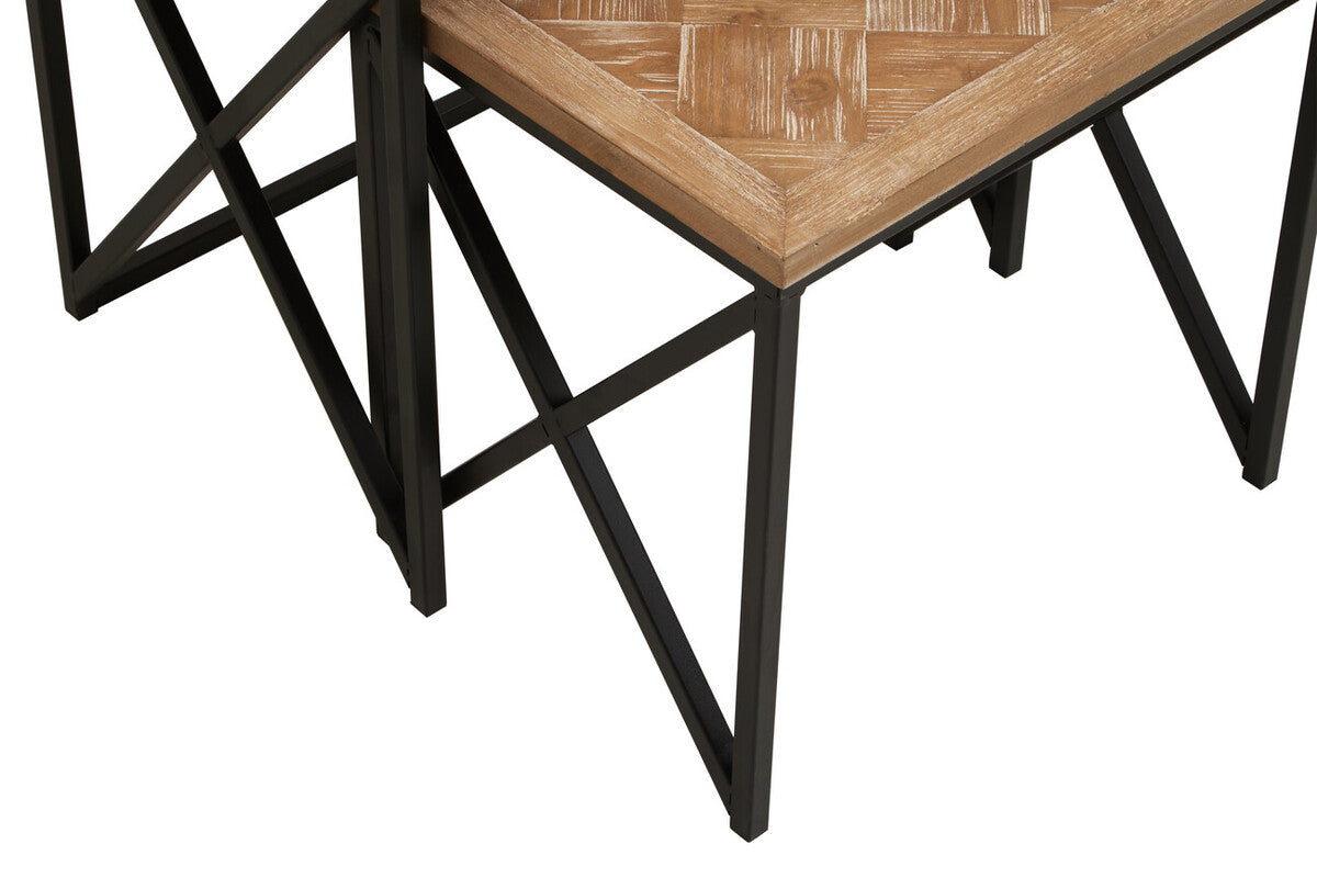Orsina Kickford Parquet Fir Wood Nesting Tables - Set of 2 Black Metal
