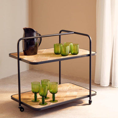 Orsina Kickford Parquet Fir Wood Serving Trolley | 3-Wheel Bar Cart