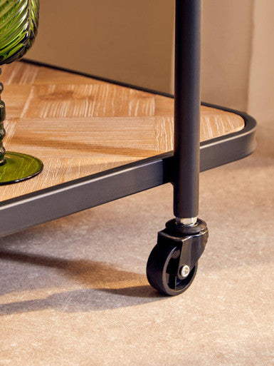 Orsina Kickford Parquet Fir Wood Serving Trolley | 3-Wheel Bar Cart