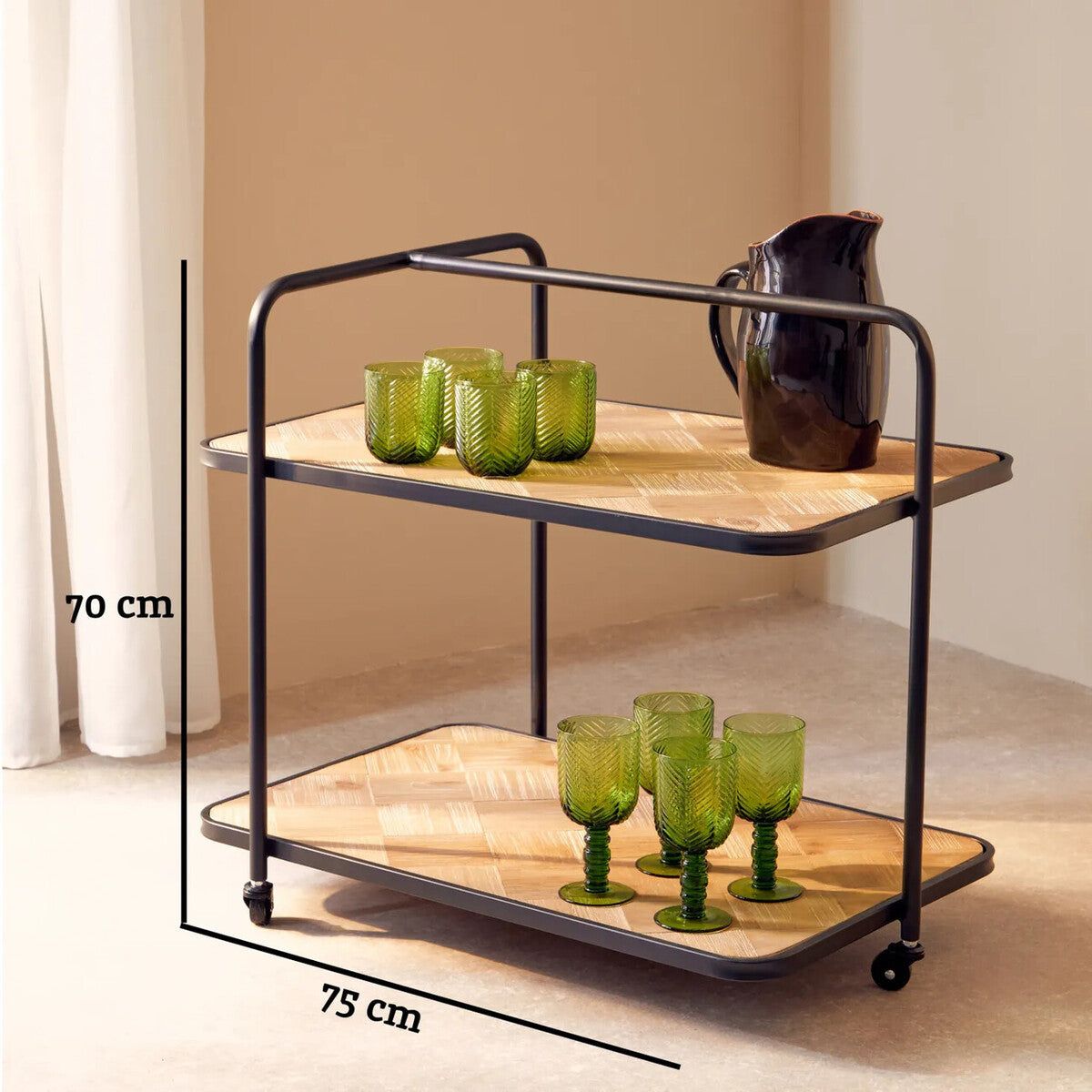 Orsina Kickford Parquet Fir Wood Serving Trolley | 3-Wheel Bar Cart