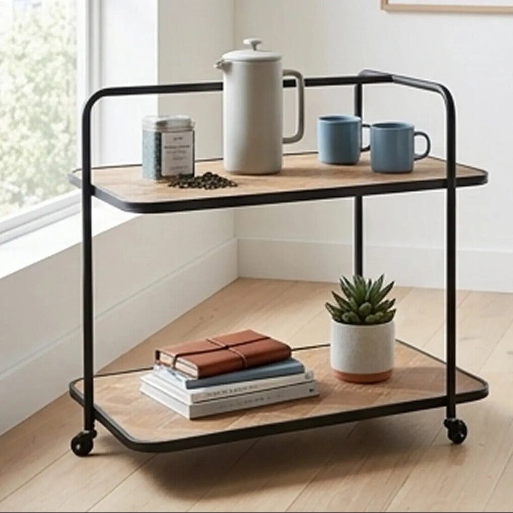Orsina Kickford Parquet Fir Wood Serving Trolley | 3-Wheel Bar Cart
