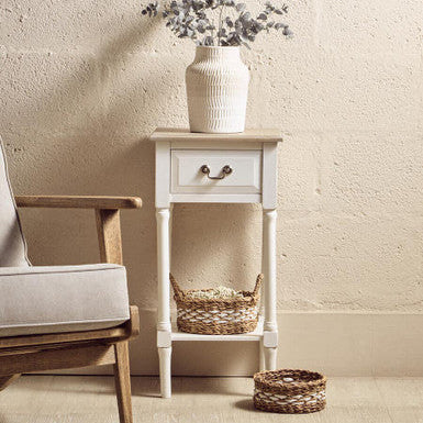 Orsina Heritage White Side Table – Pine Wood 1 Drawer Nightstand