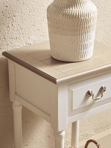 Orsina Heritage White Side Table – Pine Wood 1 Drawer Nightstand