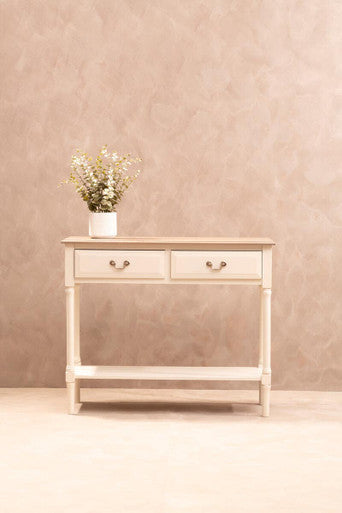 Orsina Heritage White 2-Drawer Pine Wood Console Table with Shelf