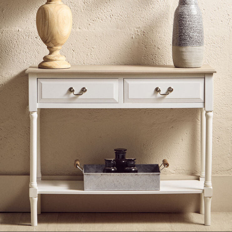 Orsina Heritage White 2-Drawer Pine Wood Console Table with Shelf