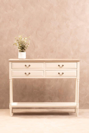 Orsina Heritage 4-Drawer White Console Table with Wood Top