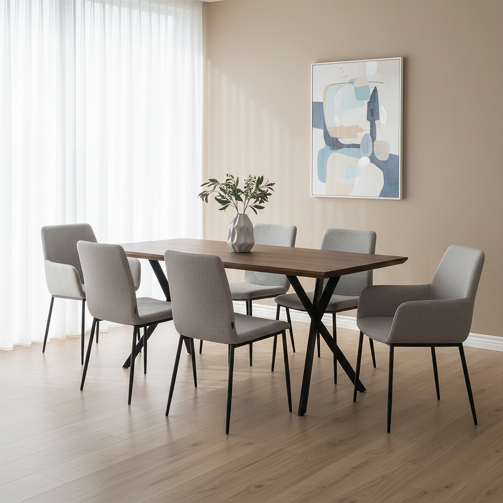 Orsina Arron Dining Table – Brown Wood Veneer with Black X-Base