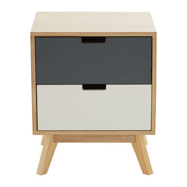 Orsina Watson 2-Drawer Bedside Table – Mid-Century Grey and White