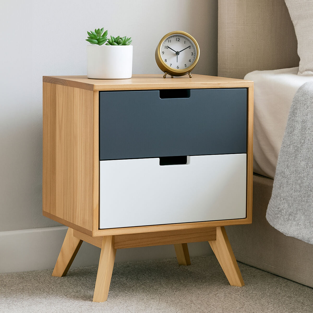 Orsina Watson 2-Drawer Bedside Table – Mid-Century Grey and White