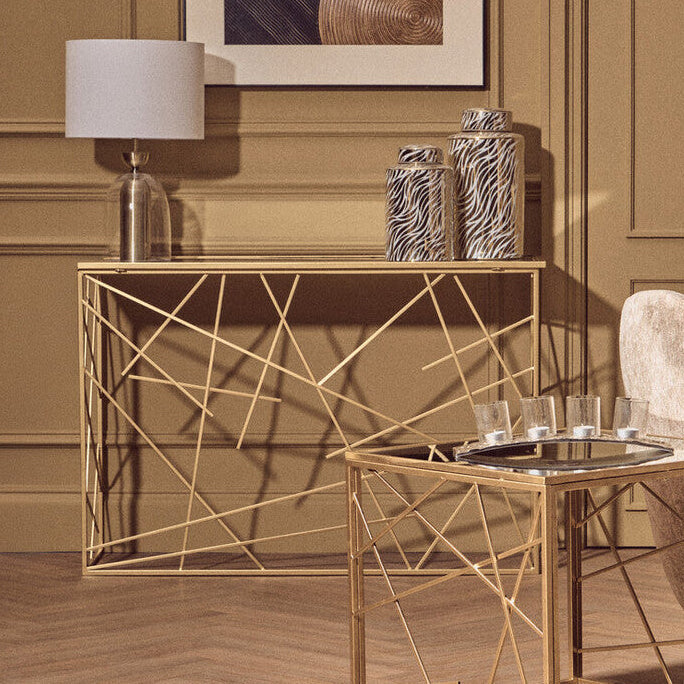 Orsina Farran Gold Console Table | Mirrored Glass Top Modern Entryway