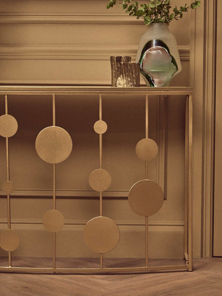 Orsina Farran Demilune Console Table – Champagne Gold Mirrored Top