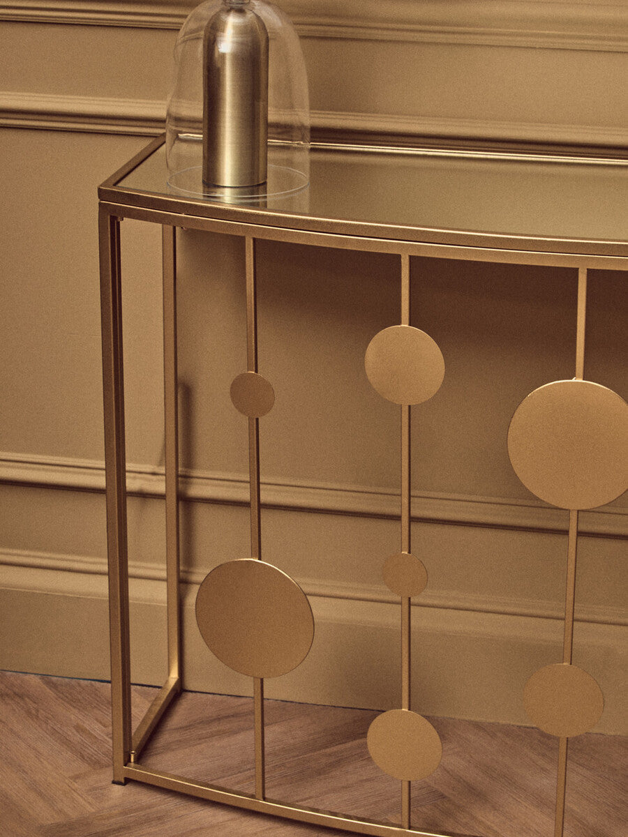 Orsina Farran Demilune Console Table – Champagne Gold Mirrored Top