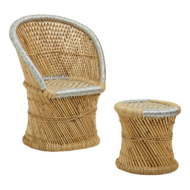 Orsina Rowan Bamboo Accent Chair and Stool Set – Natural and Grey