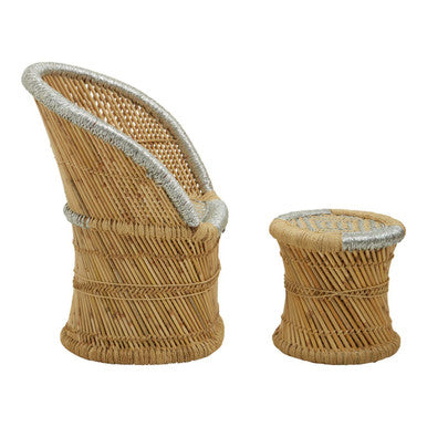 Orsina Rowan Bamboo Accent Chair and Stool Set – Natural and Grey