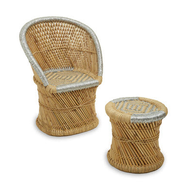 Orsina Rowan Bamboo Accent Chair and Stool Set – Natural and Grey