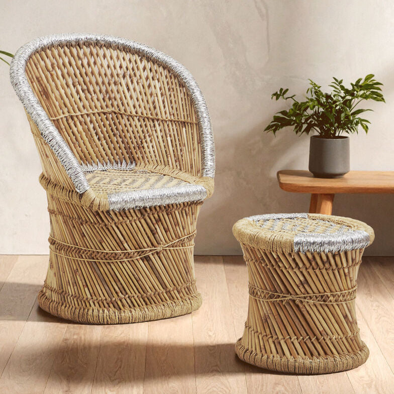Orsina Rowan Bamboo Accent Chair and Stool Set – Natural and Grey