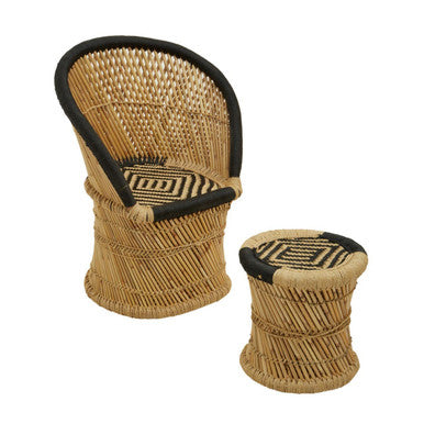 Orsina Rowan Woven Accent Chair and Stool Set – Natural and Black